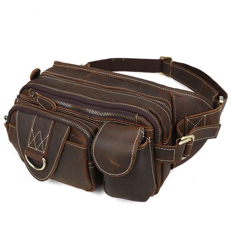 Läder Fanny Pack Med 5 Fickor Dragkedja