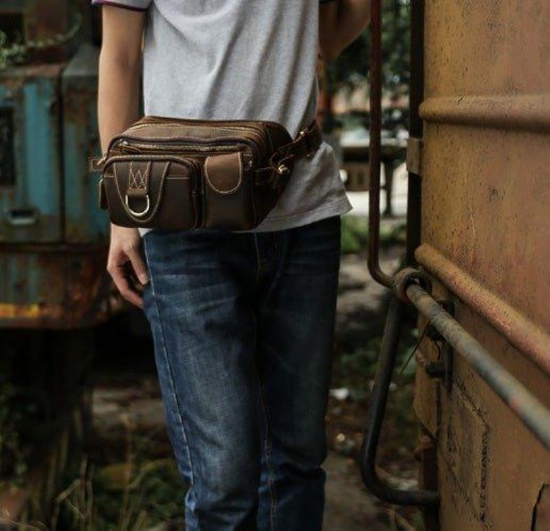 Läder Fanny Pack Med 5 Fickor Dragkedja