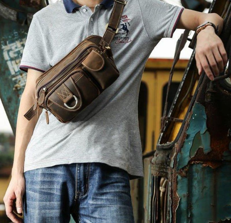 Läder Fanny Pack Med 5 Fickor Dragkedja