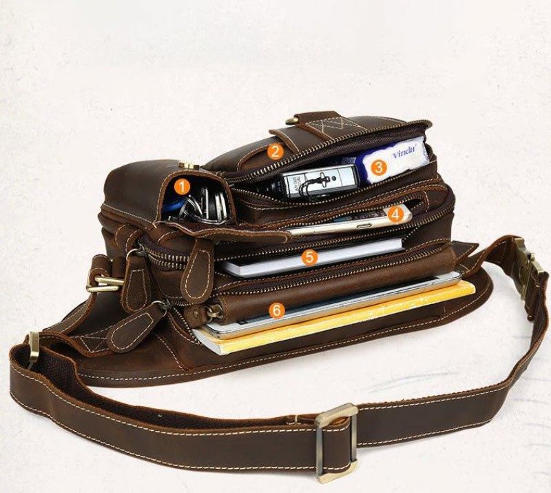 Läder Fanny Pack Med 5 Fickor Dragkedja