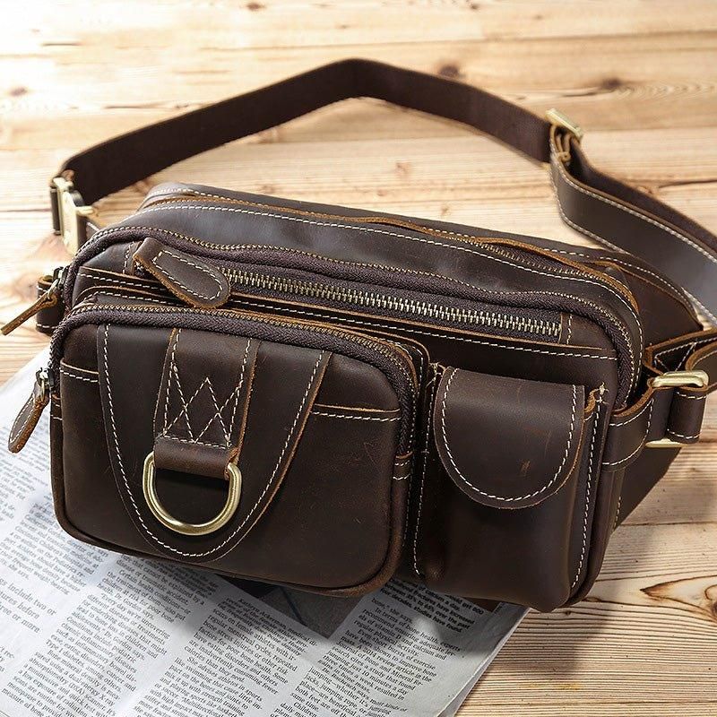 Läder Fanny Pack Med 5 Fickor Dragkedja
