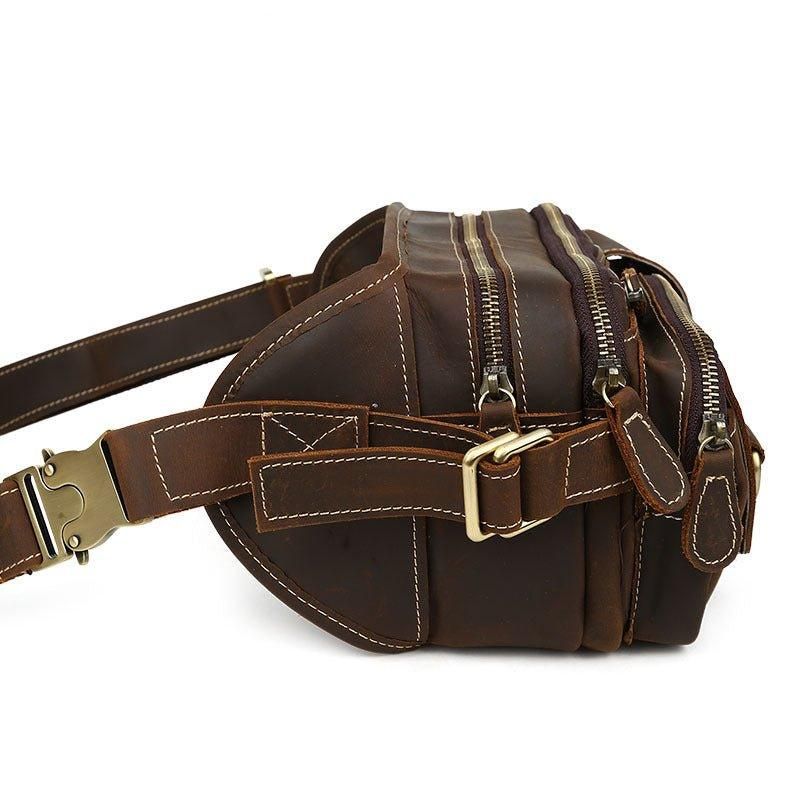 Läder Fanny Pack Med 5 Fickor Dragkedja
