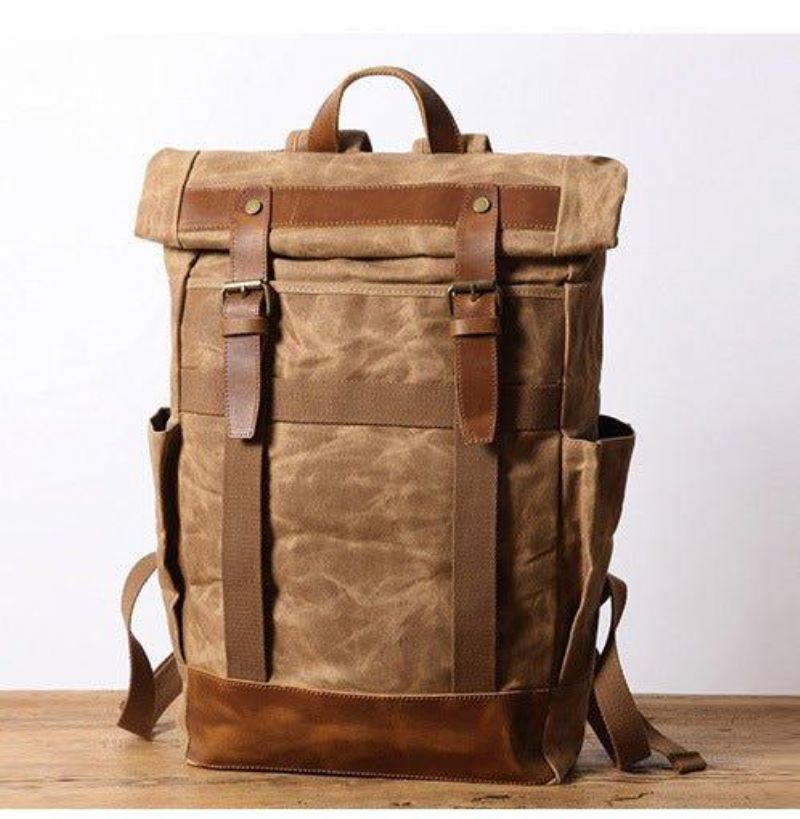 Vaxad Canvas Vintage Ryggsäck För Män Med Sidofickor