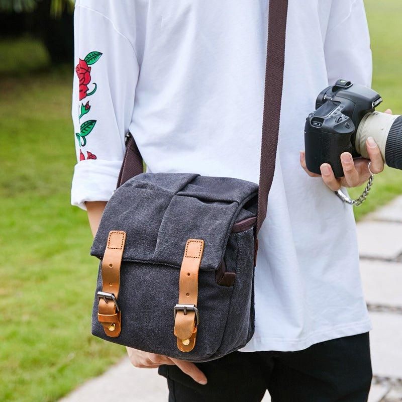 Vintage Canvas Läder Trim Stötsäker Kamera Messenger-väska