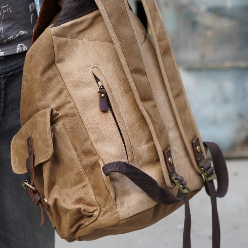 Vintage Vaxad Canvas Och Läder Ryggsäck Travel