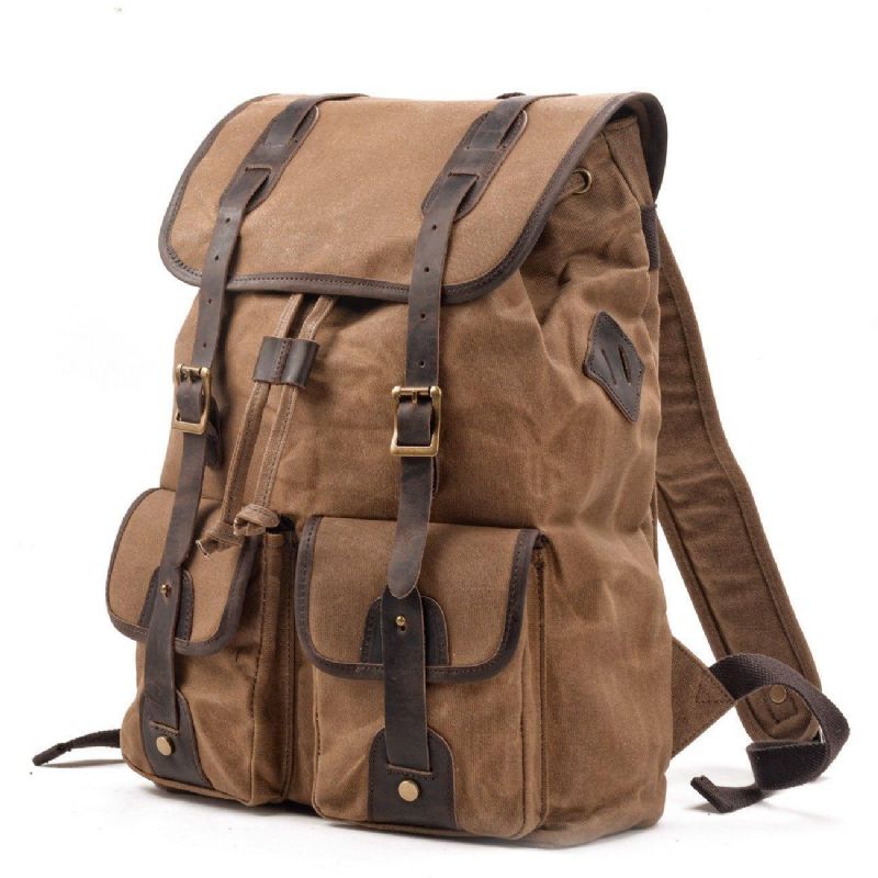Vintage Vaxad Canvas Ryggsäck Med Framfickor